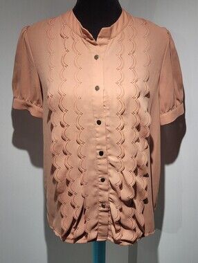 Pink Martini Women's Short Sleeve Scalloped Eyelet Button-Front Top Medium Peach